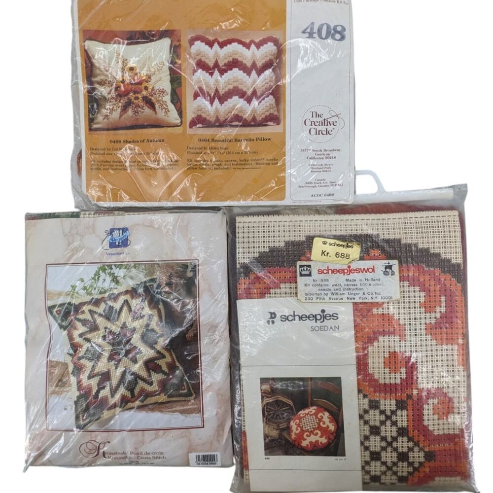 Lot 3 Vintage 1980's NEEDLECRAFT PILLOW KITS Creative Circle Vervaco Scheepjes